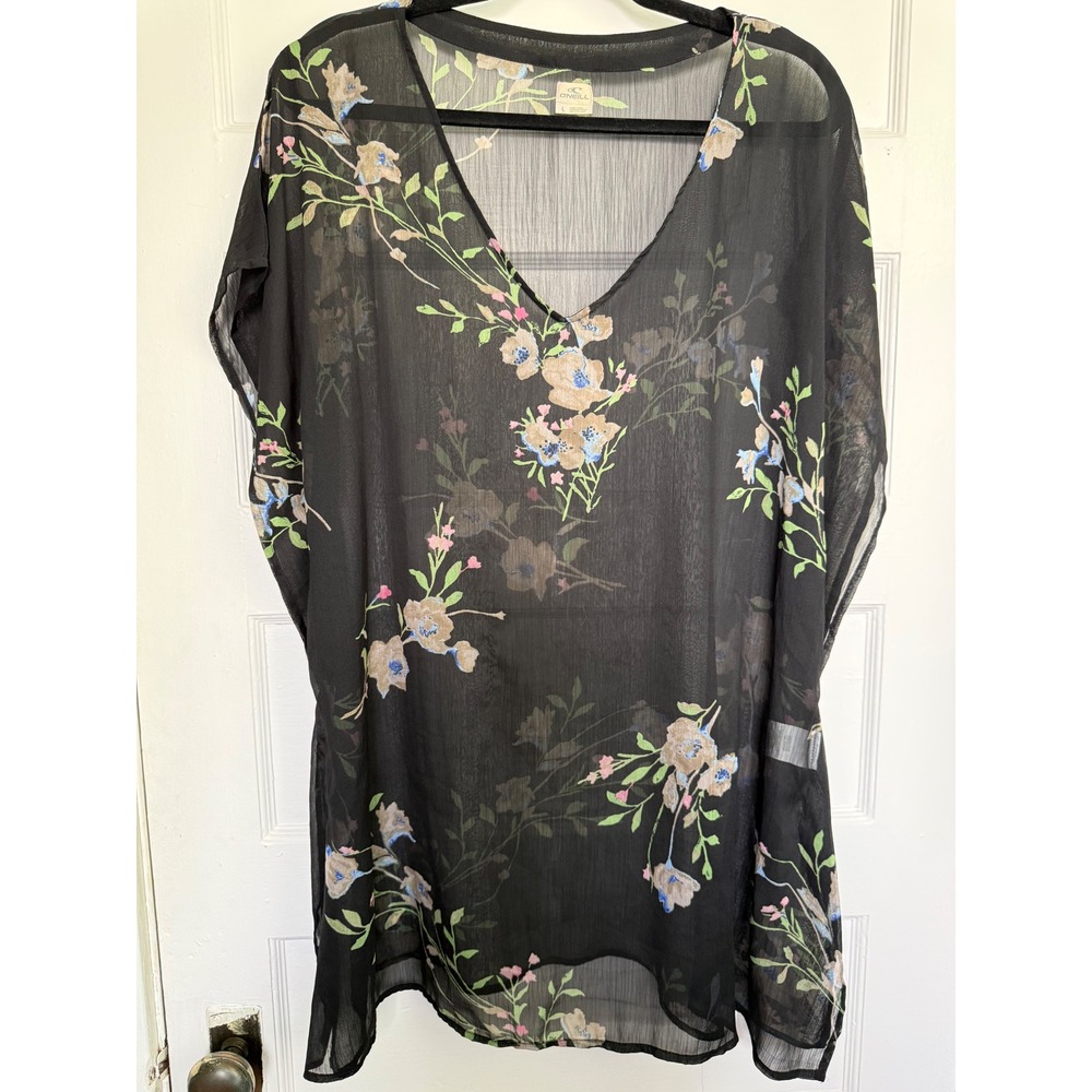 O'Neill Floral V-Neck Sheer Chiffon Kaftan Swim Cover Up Black Large A4406146PS
